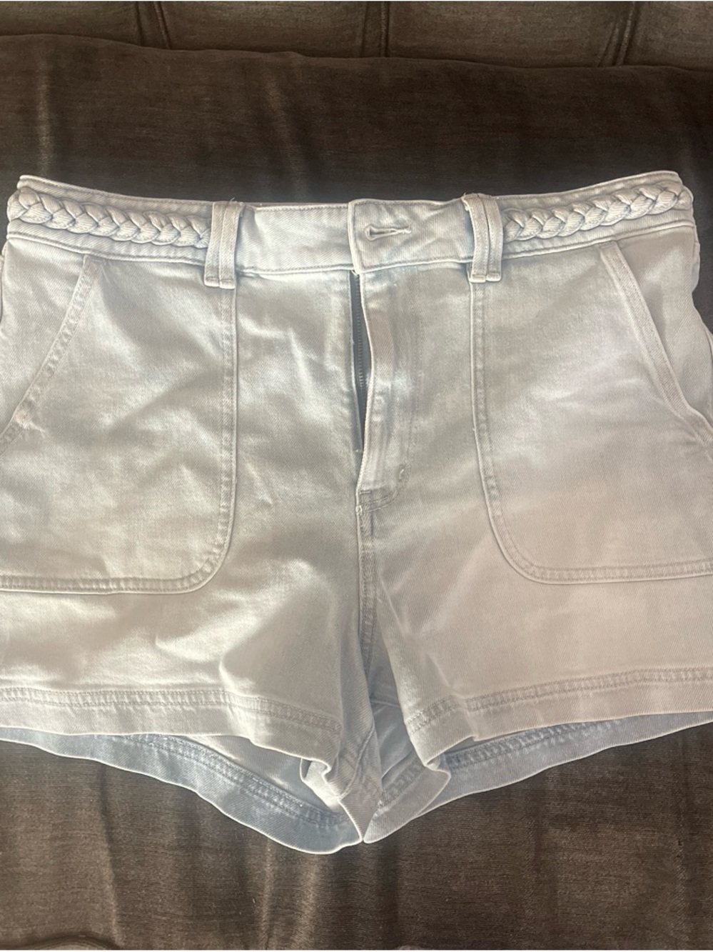 American Eagle Outfitters Light Gray Braided-Waist Denim Shorts
